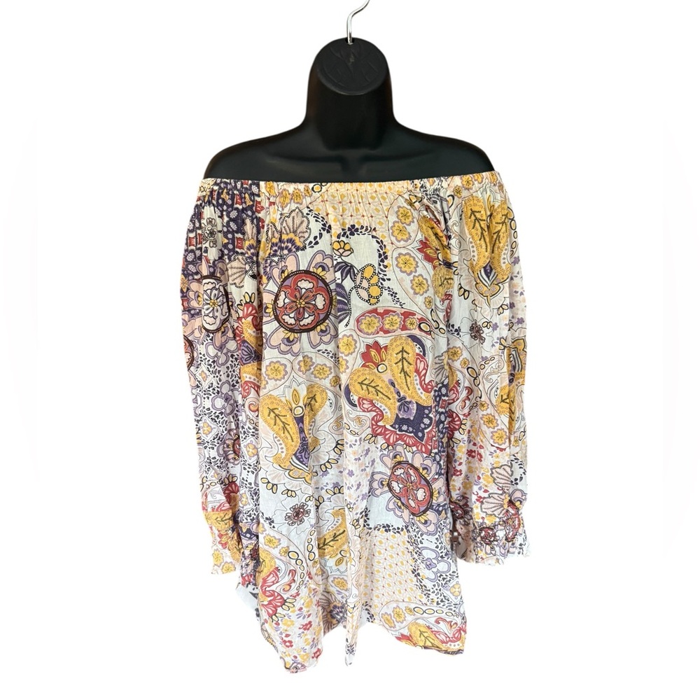 Kaktus Floral Paisley Off-Shoulder Dress in Purple, Yellow, Cream 100% Cotton